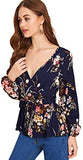 Women's V-Neck Floral Long Sleeve Belted Peplum Wrap Blouse Ruffle Top Shirts