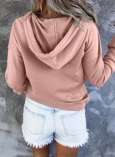 Womens Casual Hoodies Long Sleeve Drawstring Lightweight Solid Hooded Sweatshirt Button Loose Pullover Tops Fall Clothes with Pocket