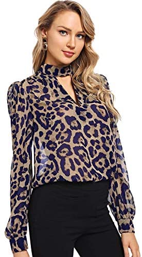 Women's Choker Neck Long Sleeve Sheer Leopard Print Chiffon Blouse Top