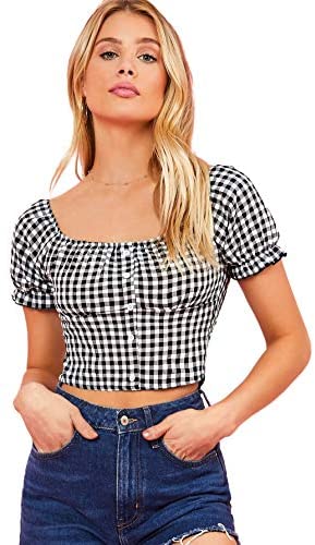 Women's Plaid Short Sleeve Square Neck Button Crop Tops Blouse Black and White Medium