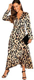 Women's V Neck Surplice Waist Tie Satin Leopard Print Split Wrap Dress