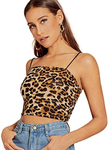 Women's Sexy Spaghetti Strap Sleeveless Leopard Print Crop Cami Tank Top