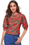Women's Floral Puff Sleeve Blouse for Work Office Hight Neck Top