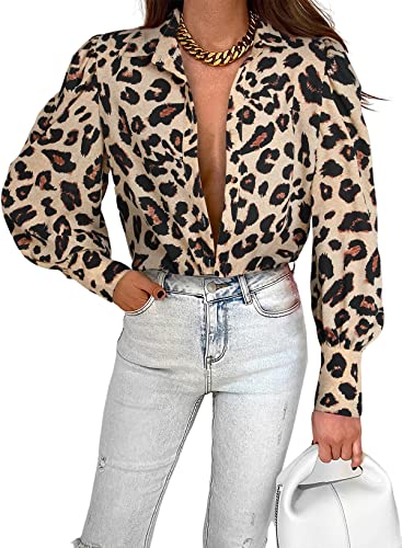Women's Leopard Print Button Down Shirt - Long Sleeve, V Neck, Business Casual