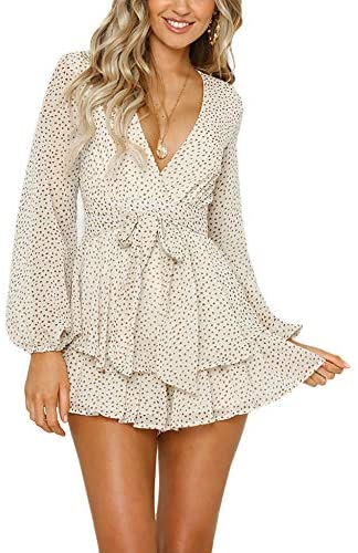 Women's Long Sleeve Polka Dot Romper Floral Print V-Neck Bubble Sleeves Layer Ruffle Hem Casual Jumpsuit