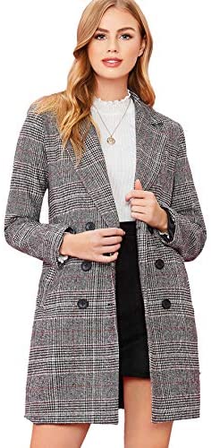 Women's Lapel Collar Coat Long Sleeve Plaid Blazer Outerwear
