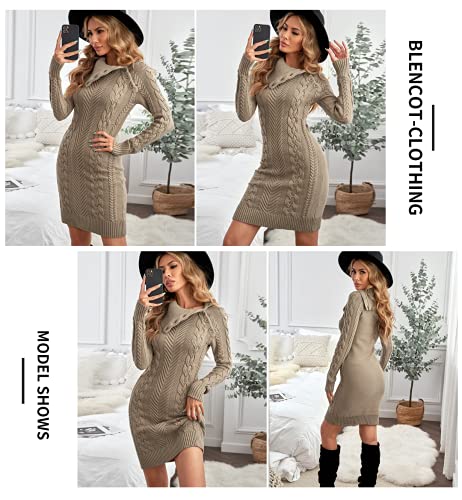 Womens Cute Asymmetric Neck Long Sleeve Solid Slim Fit Bodycon Knit Sweater Dress Jumper Apricot Large