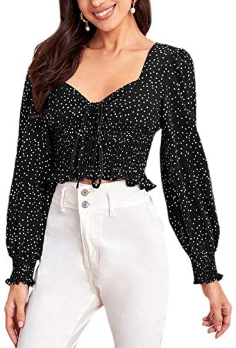 Women's Long Bishop Sleeve Polka-dot Crop Top Blouse Shirred Tie Front Sweetheart Neck Shirt