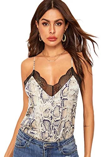 Women's V Neck Sleeveless Lace Trim Spaghetti Strap Camisole Cami Tank Top