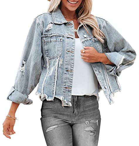 Denim Jacket for Women Distressed Ripped Frayed Crop Jean Jacket American Flag Long Sleeve Light Blue Button Closure Bike Coat