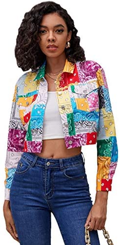 Women's Colorblock Long Sleeve Printed Coat Button Crop Jacket with Pockets