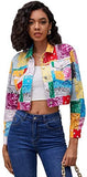 Women's Colorblock Long Sleeve Printed Coat Button Crop Jacket with Pockets