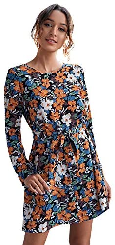Women's Petal Short Sleeve Floral Print Belted Casual Mini Tunic Dress