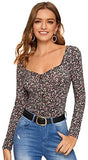 Women's Knot Front Printed Square Neck Fitted Long Sleeve Tee Blouse Top