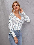 Women's Casual Floral Long Sleeve V Neck Tie Knot T Shirt Bodysuit Tops
