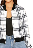 Women's Long Sleeve Zipper Plaid Stand Collar Bomber Jacket Top