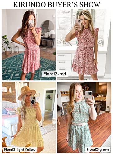 Women’s Summer Sleeveless Ruffle Sleeve Crew Neck Floral Print Mini Dress Casual Loose Flowy Plaid Pleated Dress(Floral-Pink, Small)