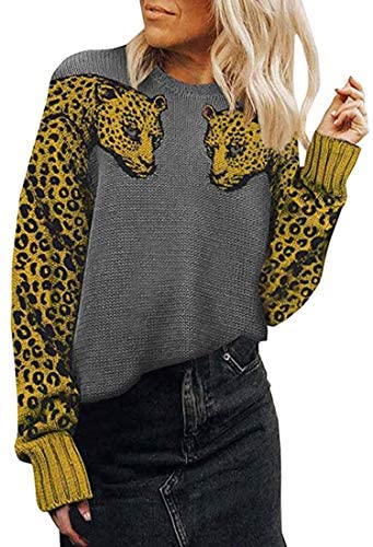 Women's Sweaters Casual Leopard Printed Patchwork Long Sleeves Knitted Pullover Cropped Sweater Tops