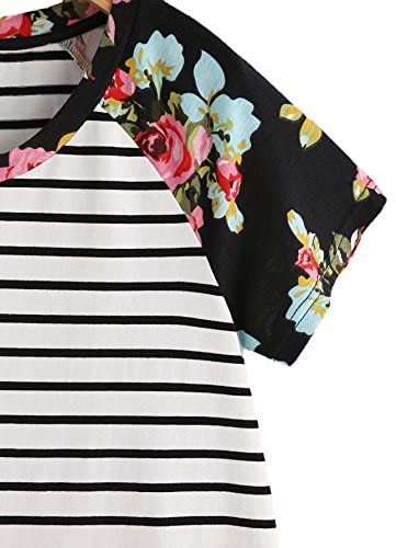 Women's Floral Print Short Sleeve Tops Striped Casual Blouses T Shirt Black
