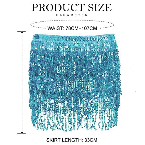 Belly Dance Hip Skirt Tassel Scarf Sequin Wrap Rave Costume for Women (Blue)