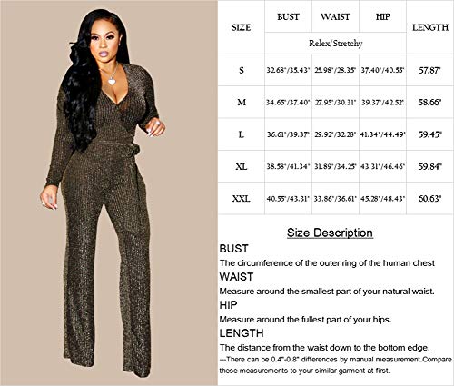 Women Casual Sexy V Neck Sparkly Jumpsuits Long Sleeve Onesie Loose Pants Party Clubwear with Belt