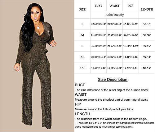 Women Casual Sexy V Neck Sparkly Jumpsuits Long Sleeve Onesie Loose Pants Party