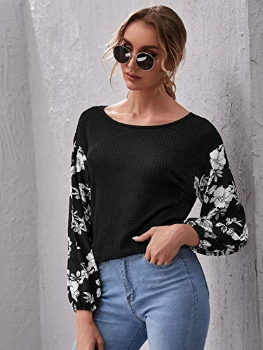 Women's Long Sleeve Round Neck Floral Colorblock Causal Pullover Blouse