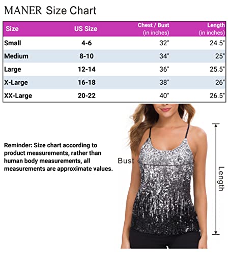 MANER Women’s Sequin Tops Glitter Party Strappy Tank Top Sparkle Cami (S/US 4-6, Silver/Gray/Black)