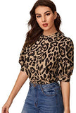 Women's Puff Sleeve Leopard Print Work Blouse Casual Hight Neck Top Leopard