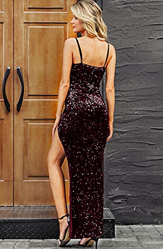 Women's Sexy Sparkly V Neck Bodycon Sequin Prom Ball Gown Evening Long Cocktail Maxi Valentines Dress with High Slit Black M