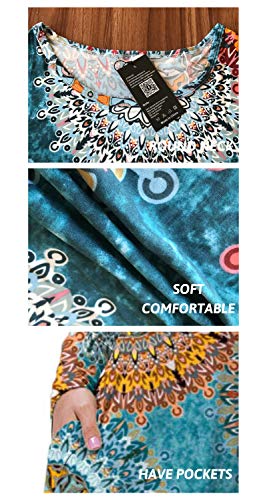 Women's Long Sleeve Print Floral Pleated Pockets Casual Swing T-Shirt Dresses