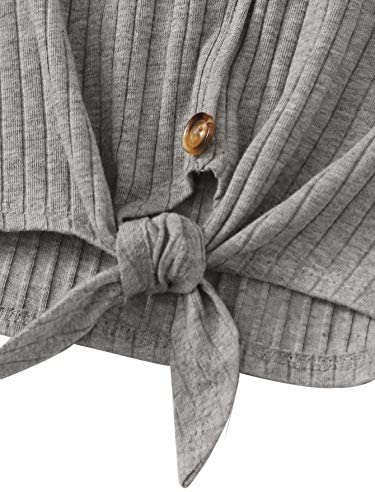 Women's V Neck Long Sleeve Button Front Knot Hem Rib Knit Crop Tops