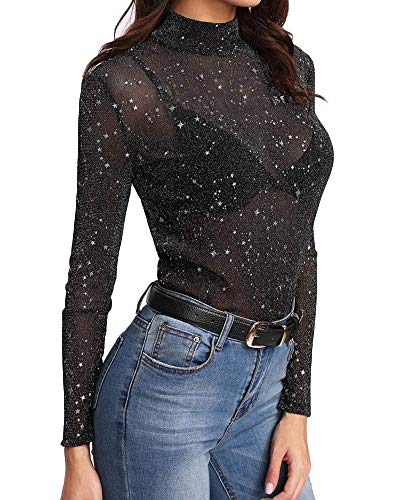 Women's Long Sleeve Short Sleeve Glitter Sheer Mesh Tops T Shirt Blouse Clubwear