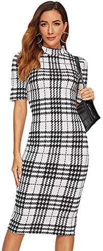Women's Short Sleeve Plaid Grid Round Neck Elegant Sheath Pencil Bodycon Dress
