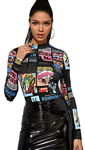 Women's Mock Neck Long Sleeve Fitted Graphic Print T-Shirt Tee Tops Print