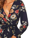 Women's Floral Print Deep V Neck Long Sleeve Ruffle Hem Belt Peplum Blouse Top