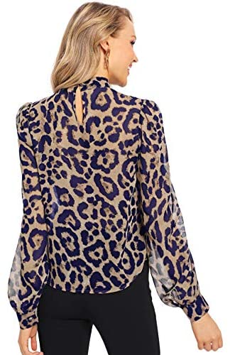 Women's Choker Neck Long Sleeve Sheer Leopard Print Chiffon Blouse Top