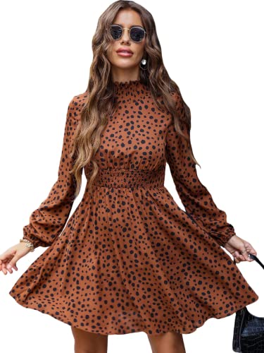 Women's Long Sleeve Ruffle Trim Self Tie Floral Print Short Dress Red Ditsy Floral Brown L