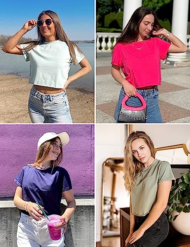Womens Summer Short Sleeve Crewneck Crop Tops Casual Solid T-Shirts, Black
