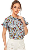 Women's Peter Pan Collar Floral Blouse Short Ruffle Sleeve Babydoll Shirt Top
