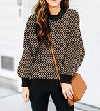 Oversized Sweaters for Women 2023 Trendy Fall Crew Neck Lantern Sleeve Striped Side Slit Knit Pullover Jumper Tops