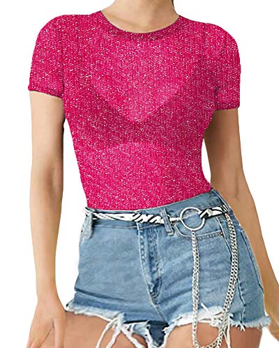 Women's Long Sleeve Short Sleeve Glitter Sheer Mesh Tops T Shirt Blouse Clubwear