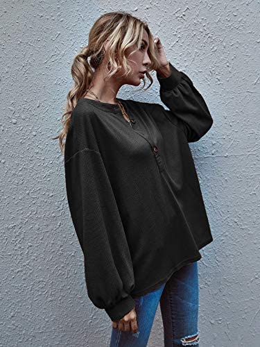 Women's Waffle Knit T Shirts Long Sleeve Button Front Loose Tee Tops