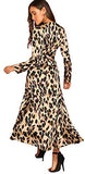 Women's V Neck Surplice Waist Tie Satin Leopard Print Split Wrap Dress