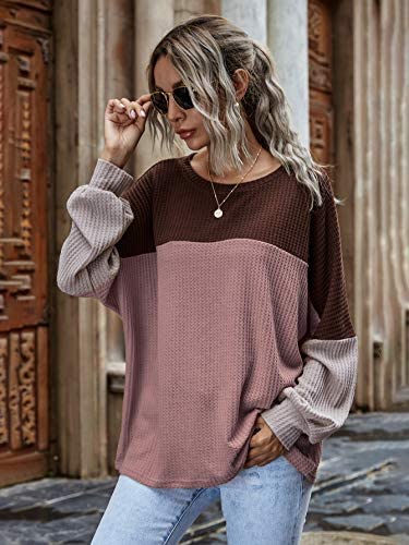Women's Long Sleeve Waffle Knit Shirts Color Block Loose Tunic Tops Blouse