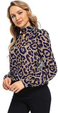 Women's Choker Neck Long Sleeve Sheer Leopard Print Chiffon Blouse Top