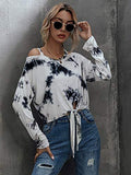 Women's Tie Dye Cold Shoulder Knot Front Long Sleeve Crop Tops T Shirts Tee