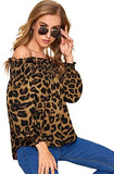 Women's Off Shoulder Long Sleeve Leopard Shirred Frill Top Blouses