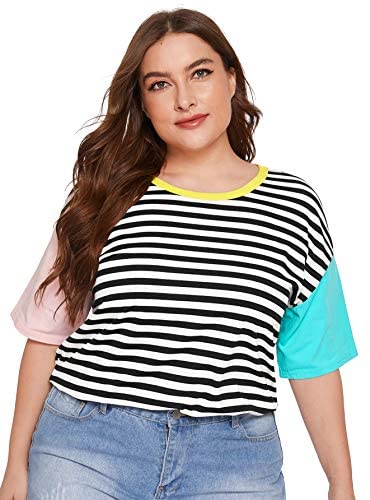 Women's Colorblock Summer Contrast Neck and Sleeve Casual Striped Tee T-shirt Top