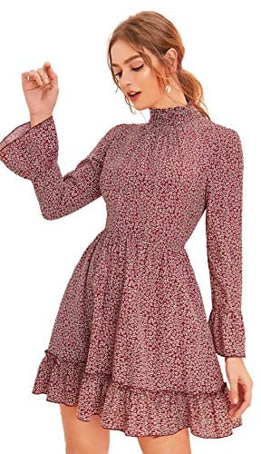Women's Bell Long Sleeve Ruffle Layer Hem Floral Flare Short A Line Dress